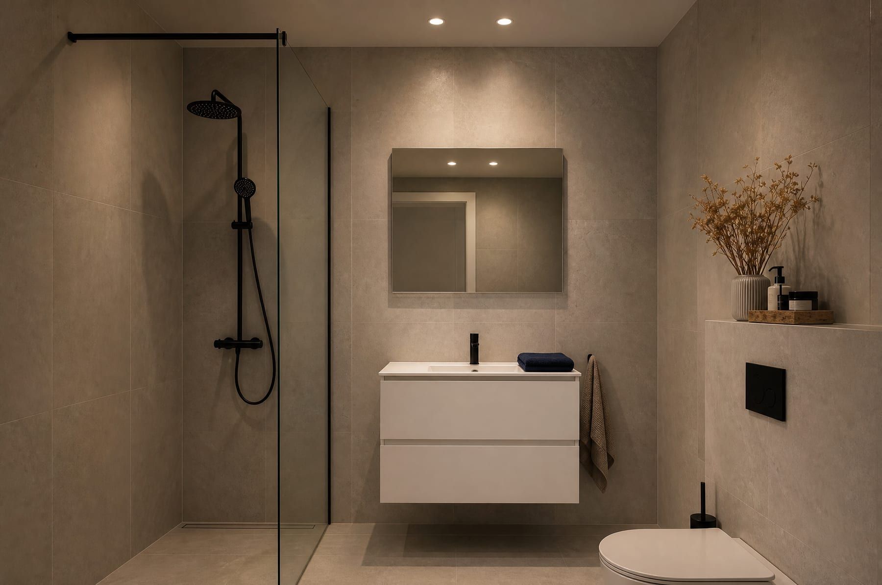 Impressie: compacte badkamer in Basic bij kunstlicht, met mat zwart kraanwerk en warme spots.