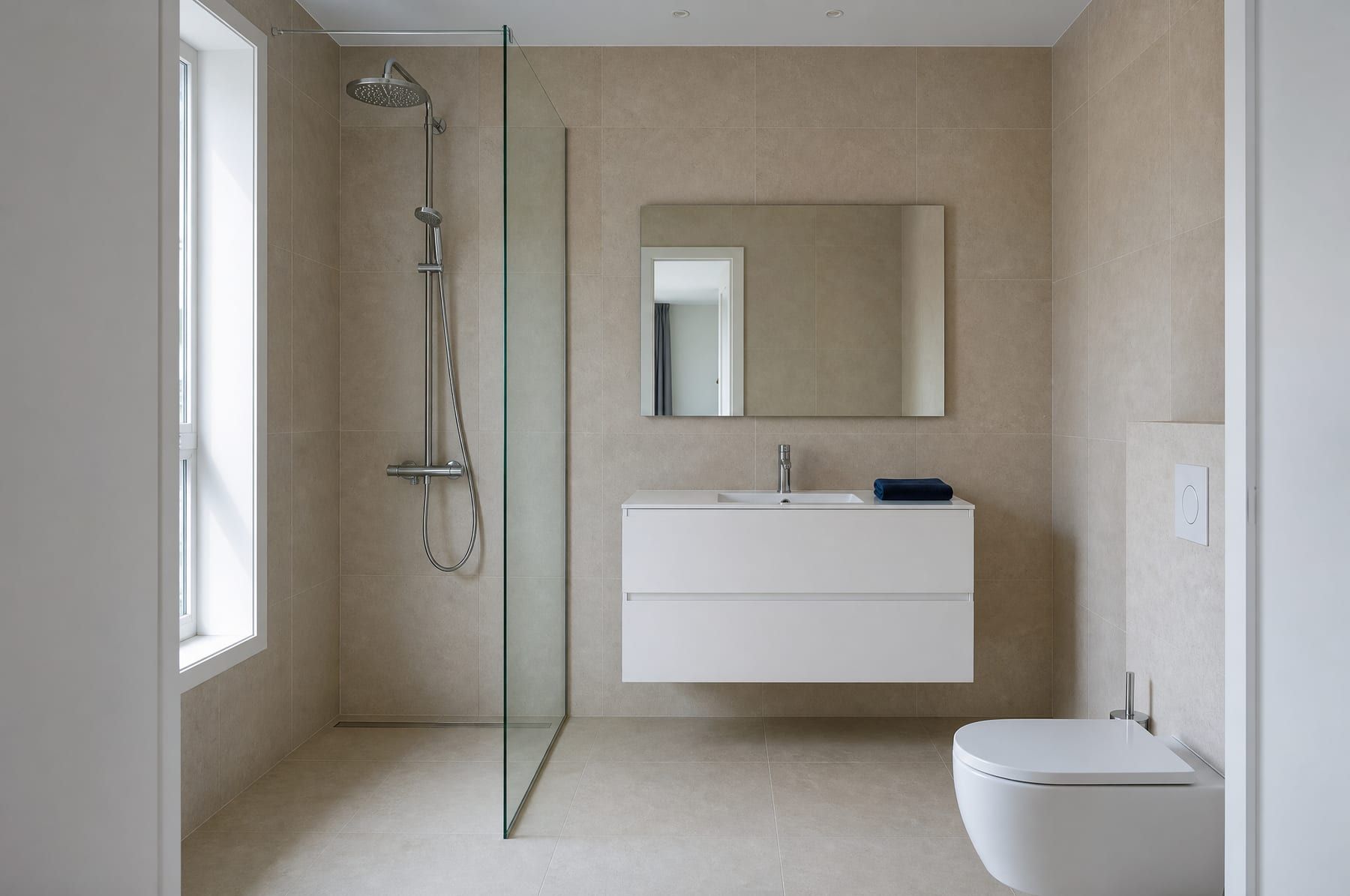 Impressie: compacte badkamer in Basic, gezien vanuit de deuropening, met chroom opbouwdouche en spiegel zonder verlichting.