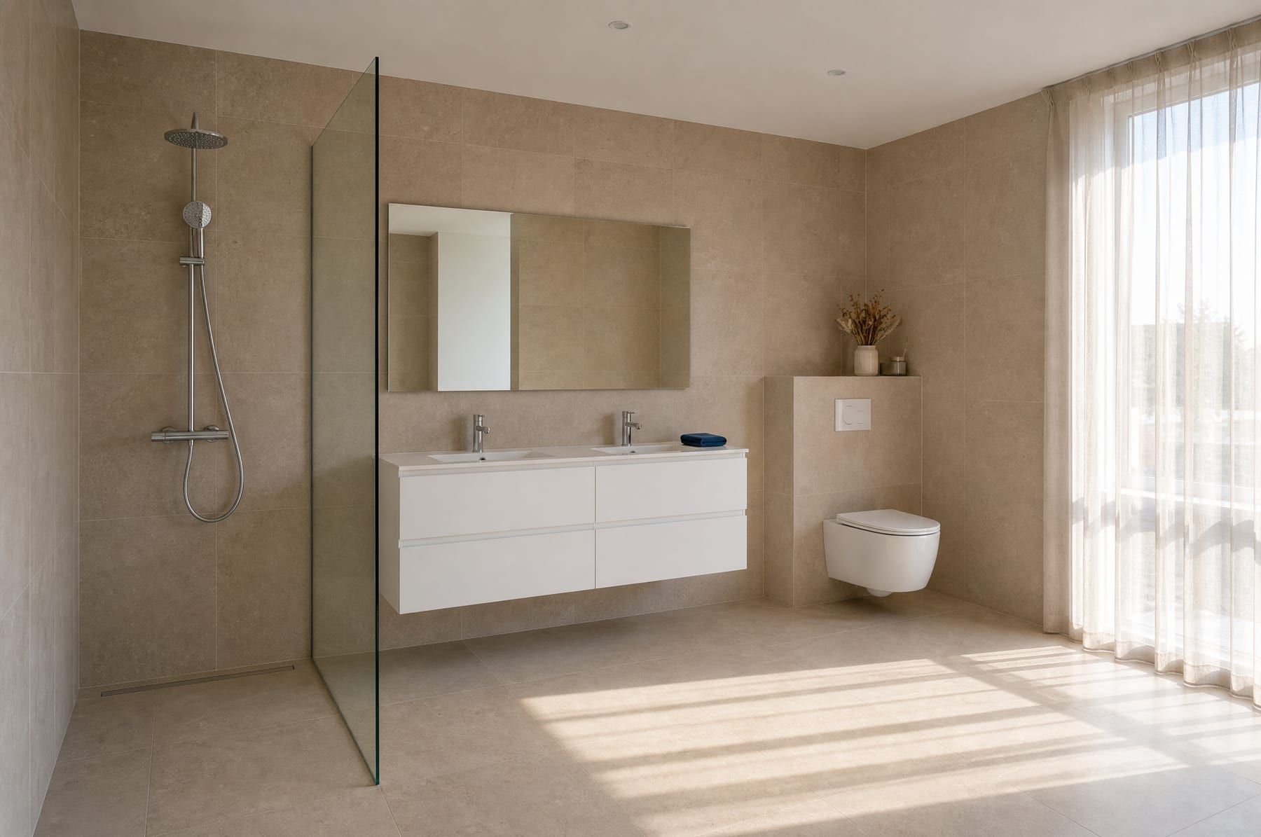 Impressie: ruime badkamer in Basic met chroom opbouwdouche, enkele wastafel en middagzon over de tegelvloer.