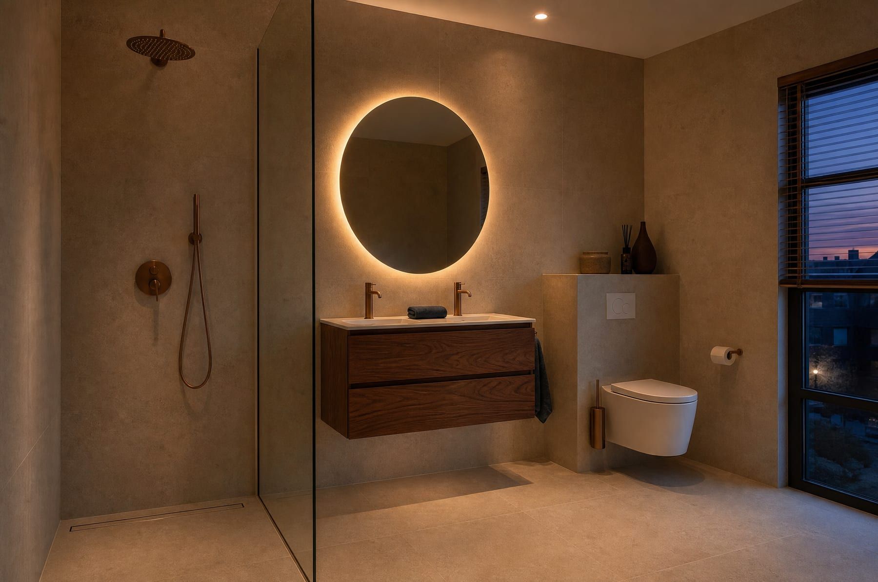 Impressie: badkamer in Comfort bij schemer, met alleen de LED achter de ronde spiegel en koperen kranen.