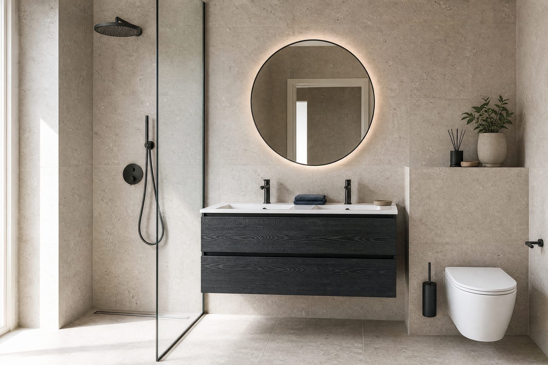 Impressie: compacte badkamer in Comfort met inbouwdouche, ronde LED-spiegel en donker houtlook meubel.