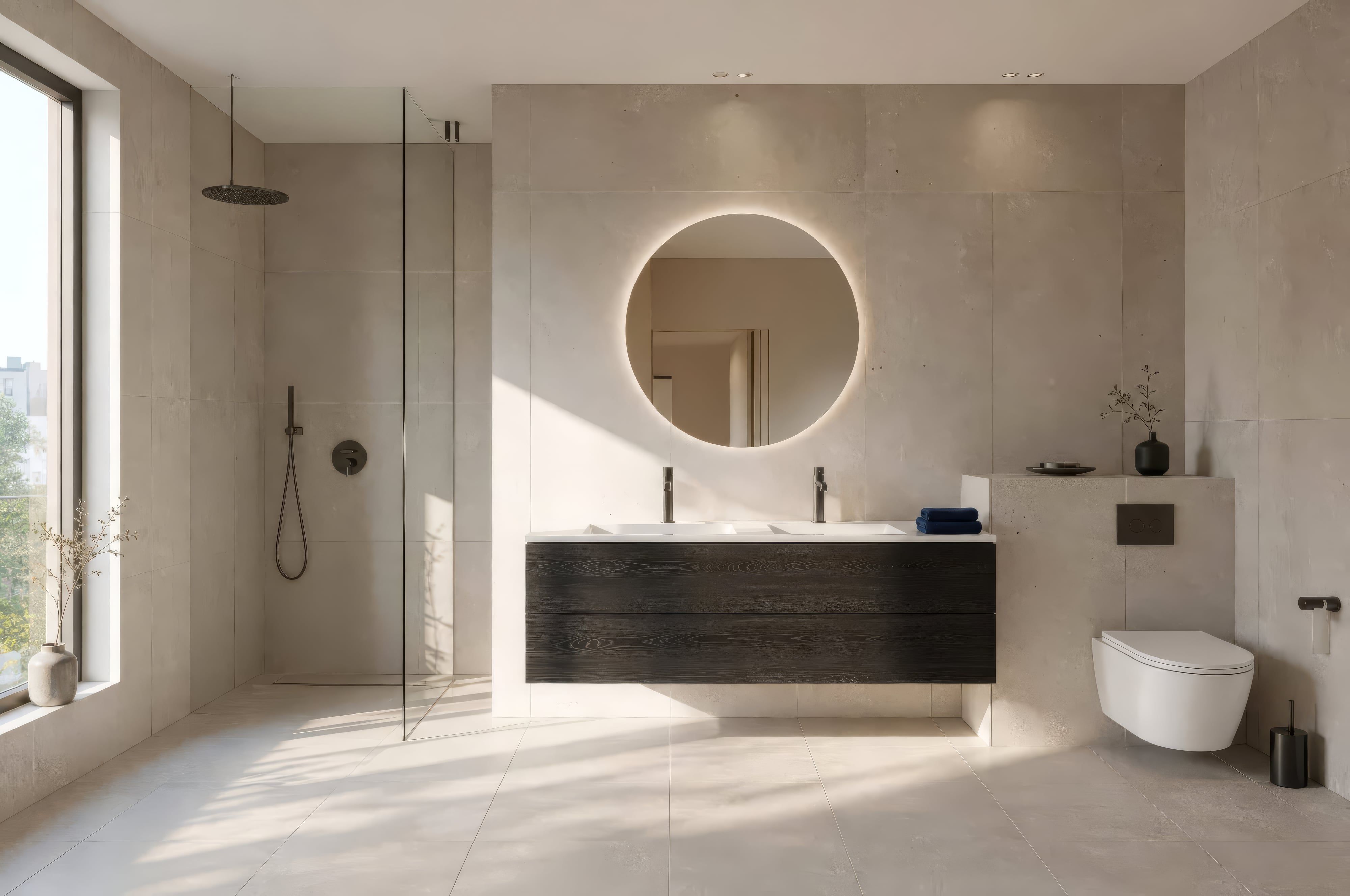 Impressie van een ruime badkamer in de Comfort-uitvoering: inbouwdouche, ronde spiegel met LED-verlichting en een houtlook wastafelmeubel met dubbele wastafel, in het ochtendlicht.