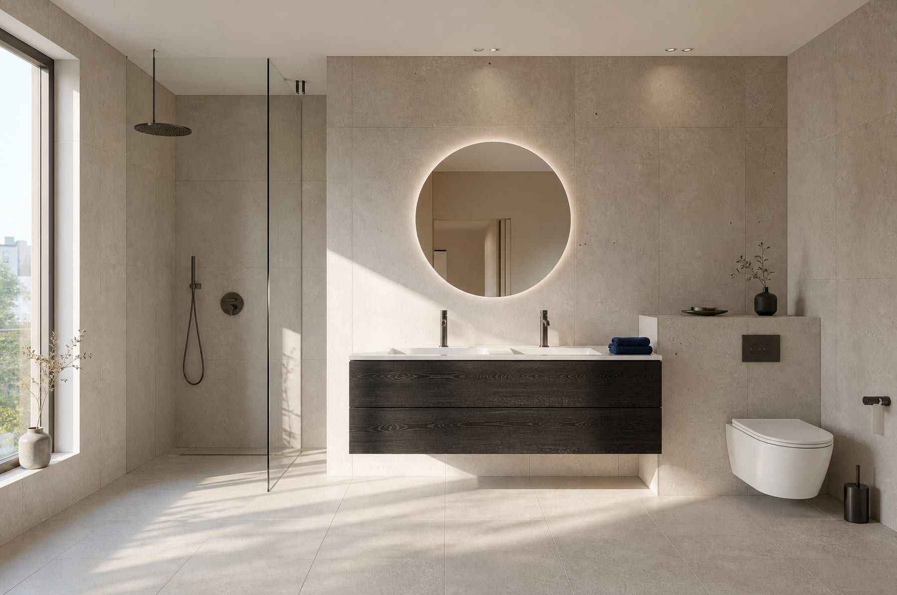 Impressie: ruime badkamer in Comfort met inbouwdouche, ronde LED-spiegel en houtlook meubel, ochtendlicht door een hoog raam.