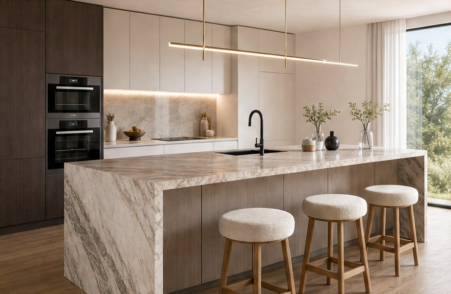 Moderne keuken met houten kasten, een marmeren kookeiland en barkrukken.