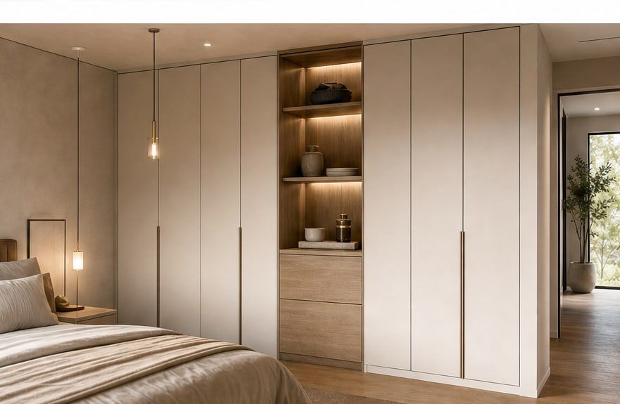 Slaapkamer met verlichte maatwerk inbouwkasten in lichte tinten.