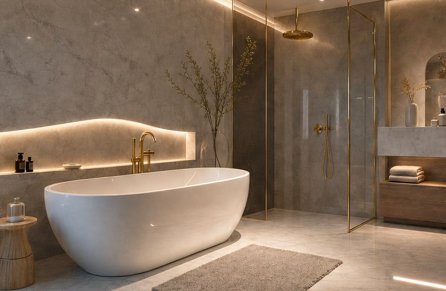 Badkamer met een vrijstaand bad, gouden kranen en een inloopdouche.