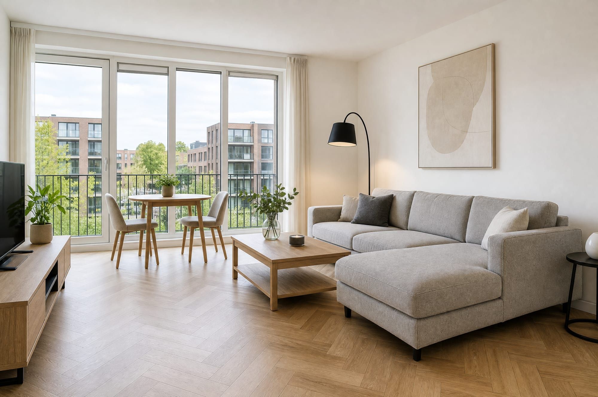 Compleet ingerichte woonkamer met lichtgrijze bank, eiken salontafel en eethoek.