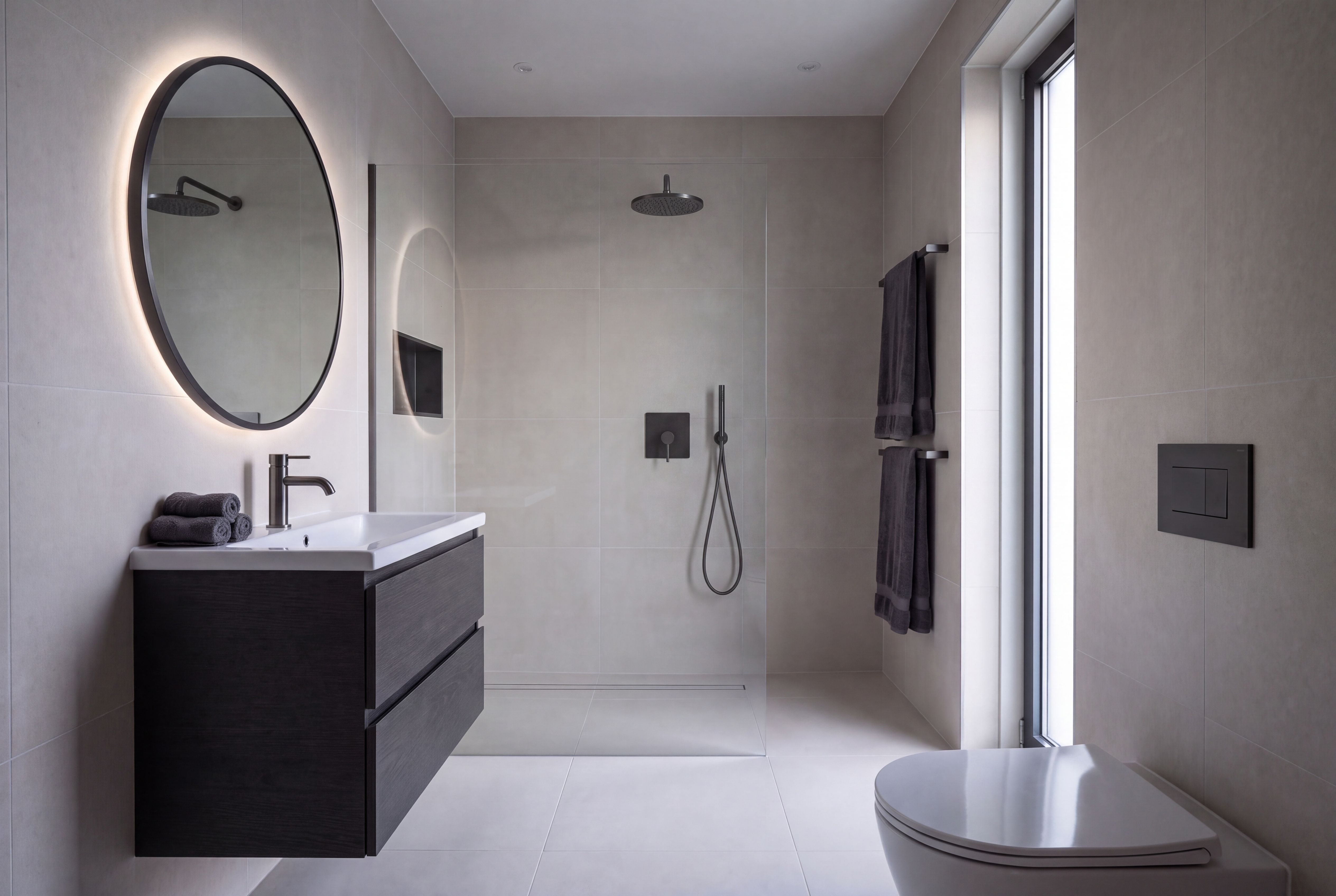 Dezelfde compacte badkamer in Comfort: inbouwdouche, ronde spiegel met LED-verlichting en een houtskool-eiken meubel, in metal black PVD.
