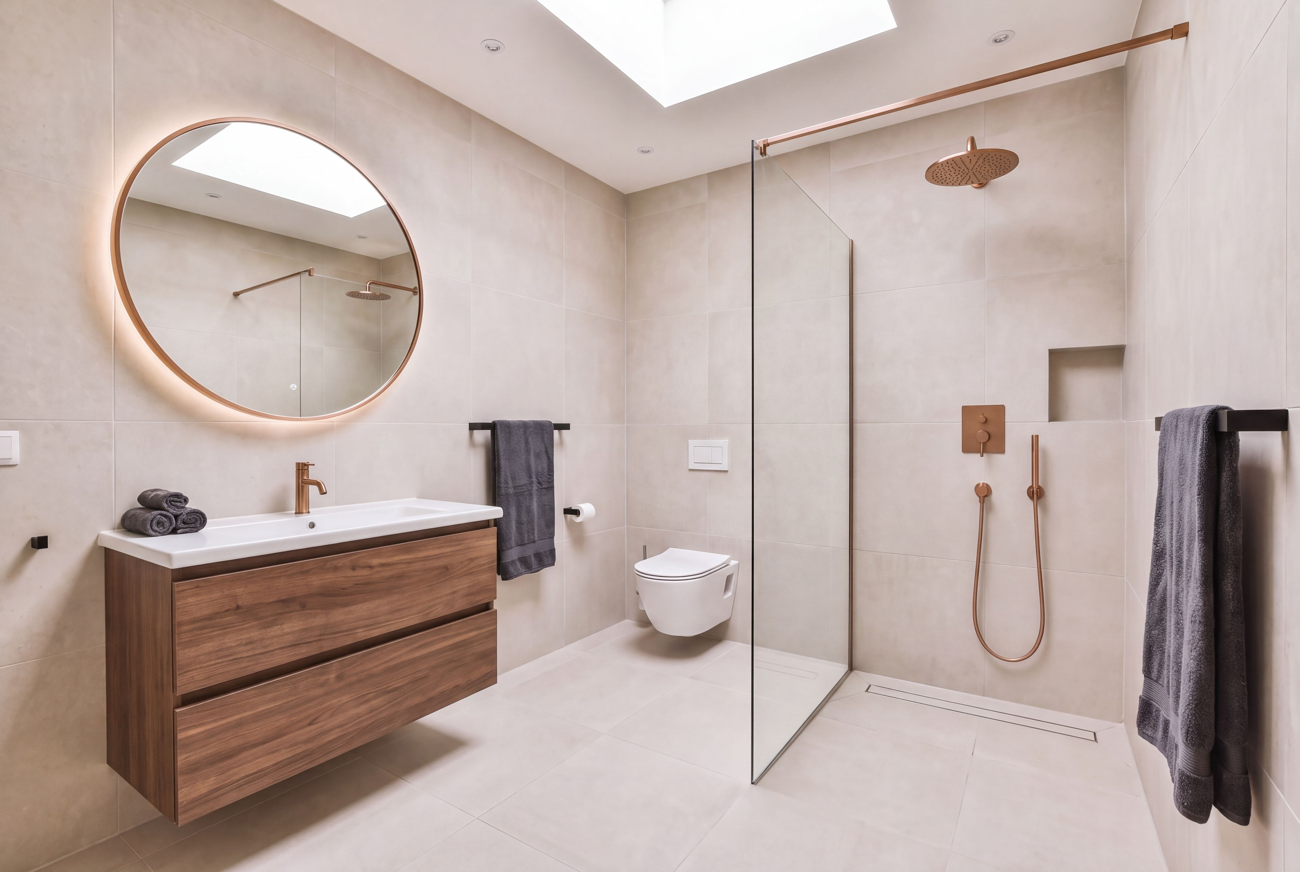 Dezelfde badkamer onder het daklicht in Comfort: koperen kraanwerk, inbouwdouche en een ronde spiegel met LED-verlichting.