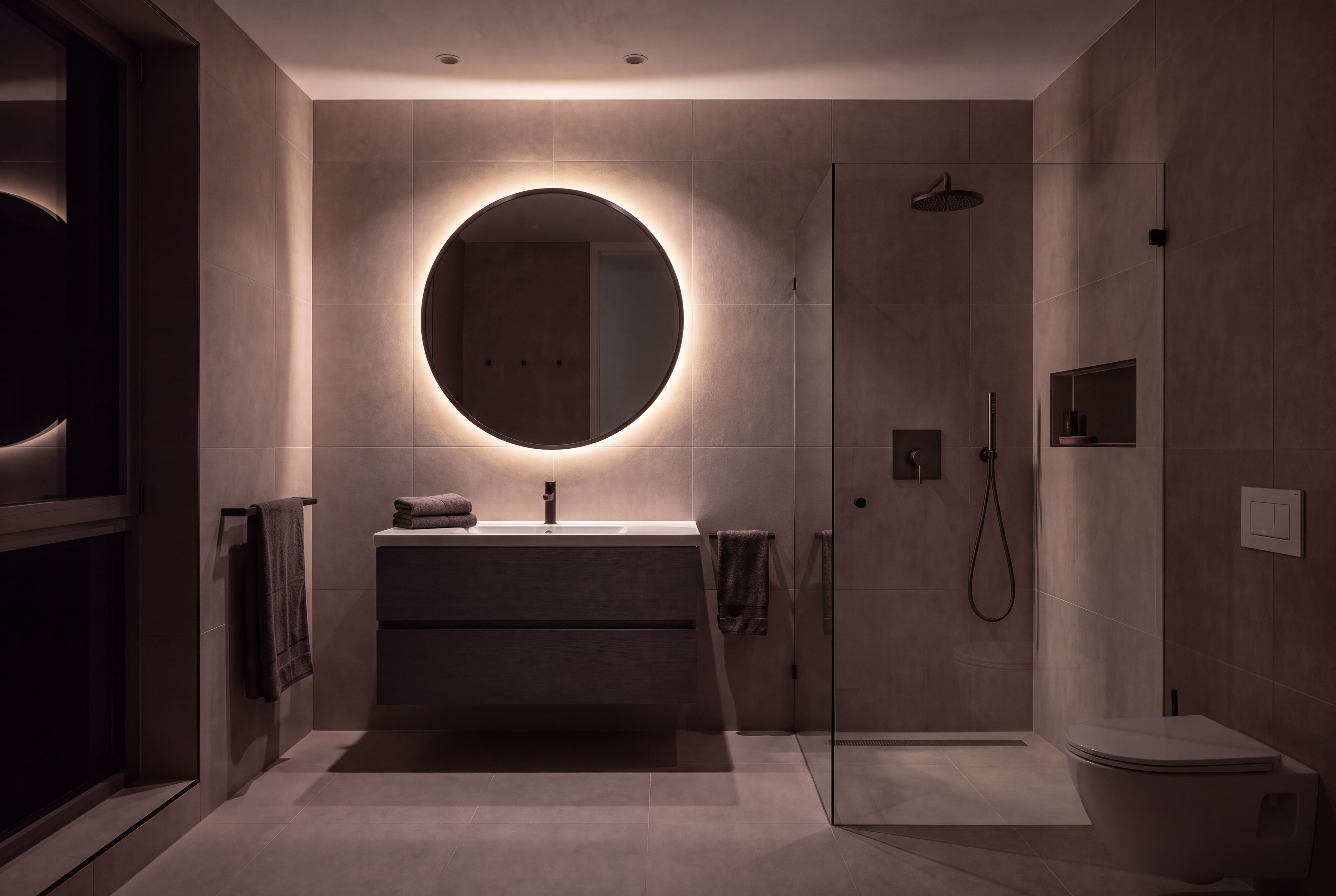 Badkamer in Comfort bij avond: de LED achter de ronde spiegel verlicht de hele ruimte, de plafondspots staan gedimd.