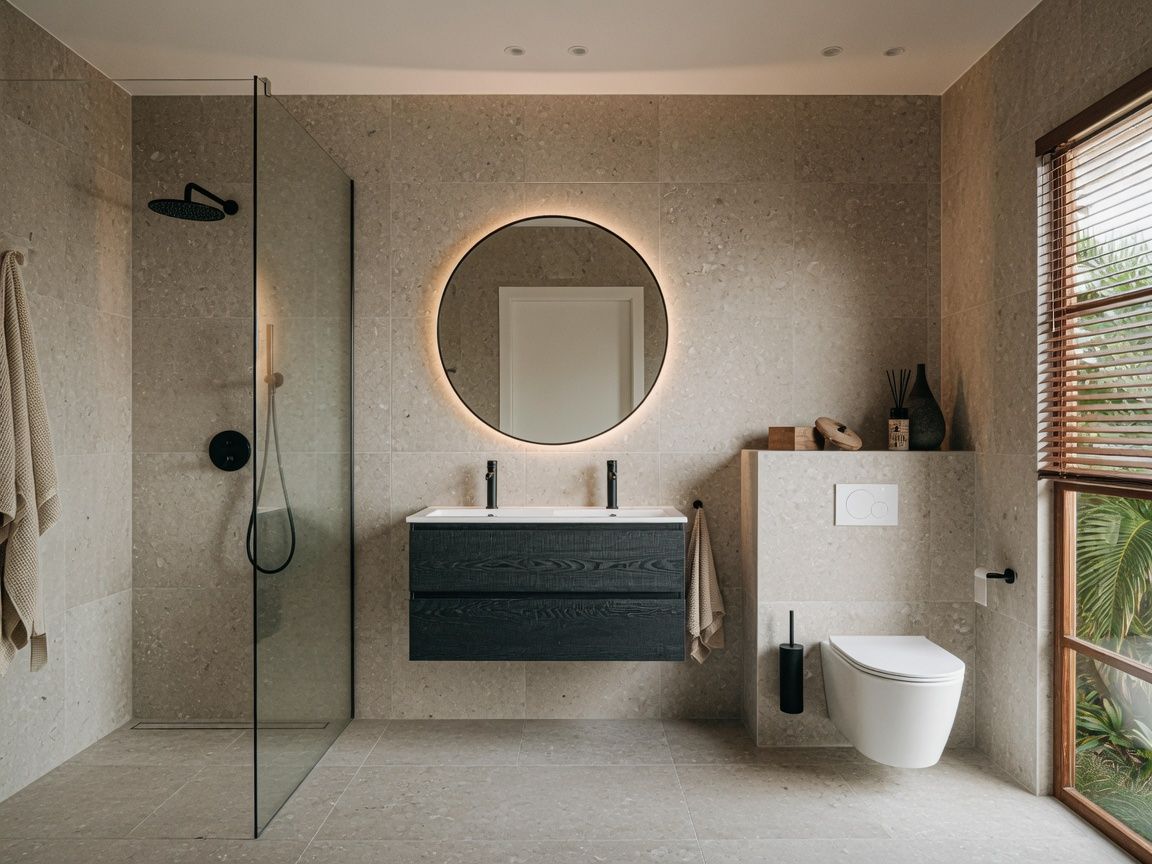 Comfort-uitvoering van het sanitairconcept: ronde spiegel met verlichting, donker wastafelmeubel en geborsteld zwart kraanwerk.
