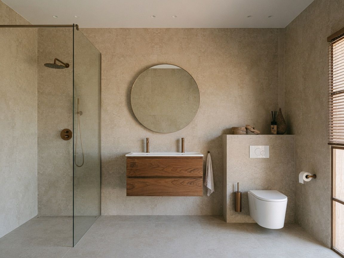 Badkamerconcept met inloopdouche, wandcloset, rond spiegeltje en houten wastafelmeubel.