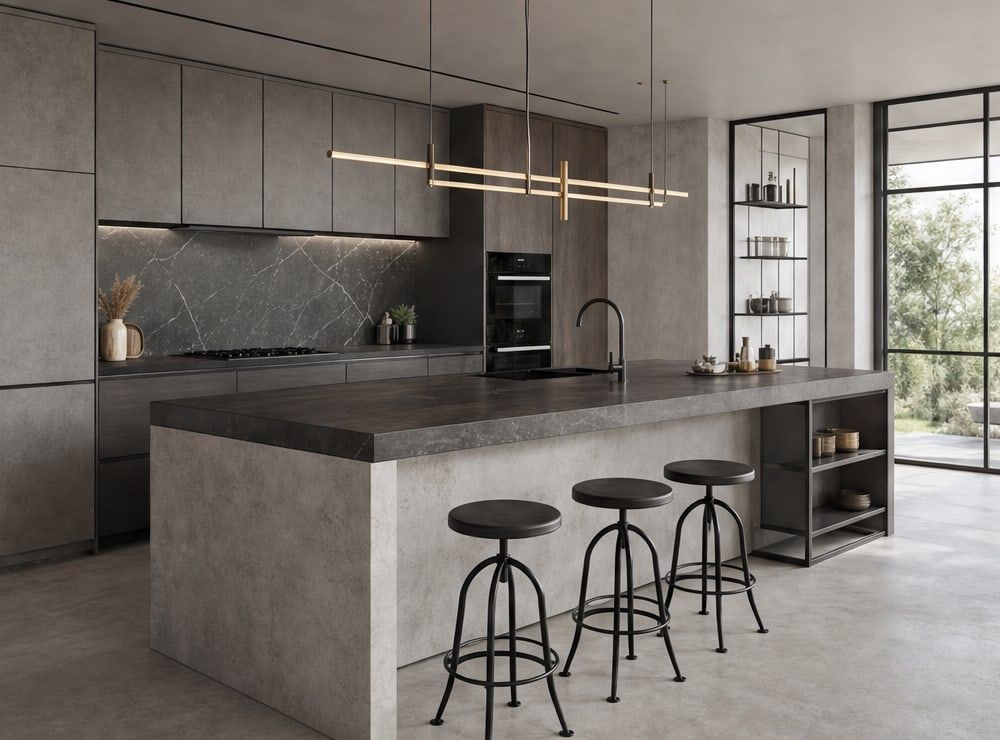 Keuken met donkere kasten, een betonlook-eiland en metalen barkrukken.