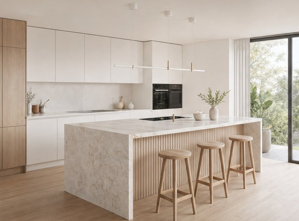 Lichte keuken met een marmeren eiland en zicht op groen.