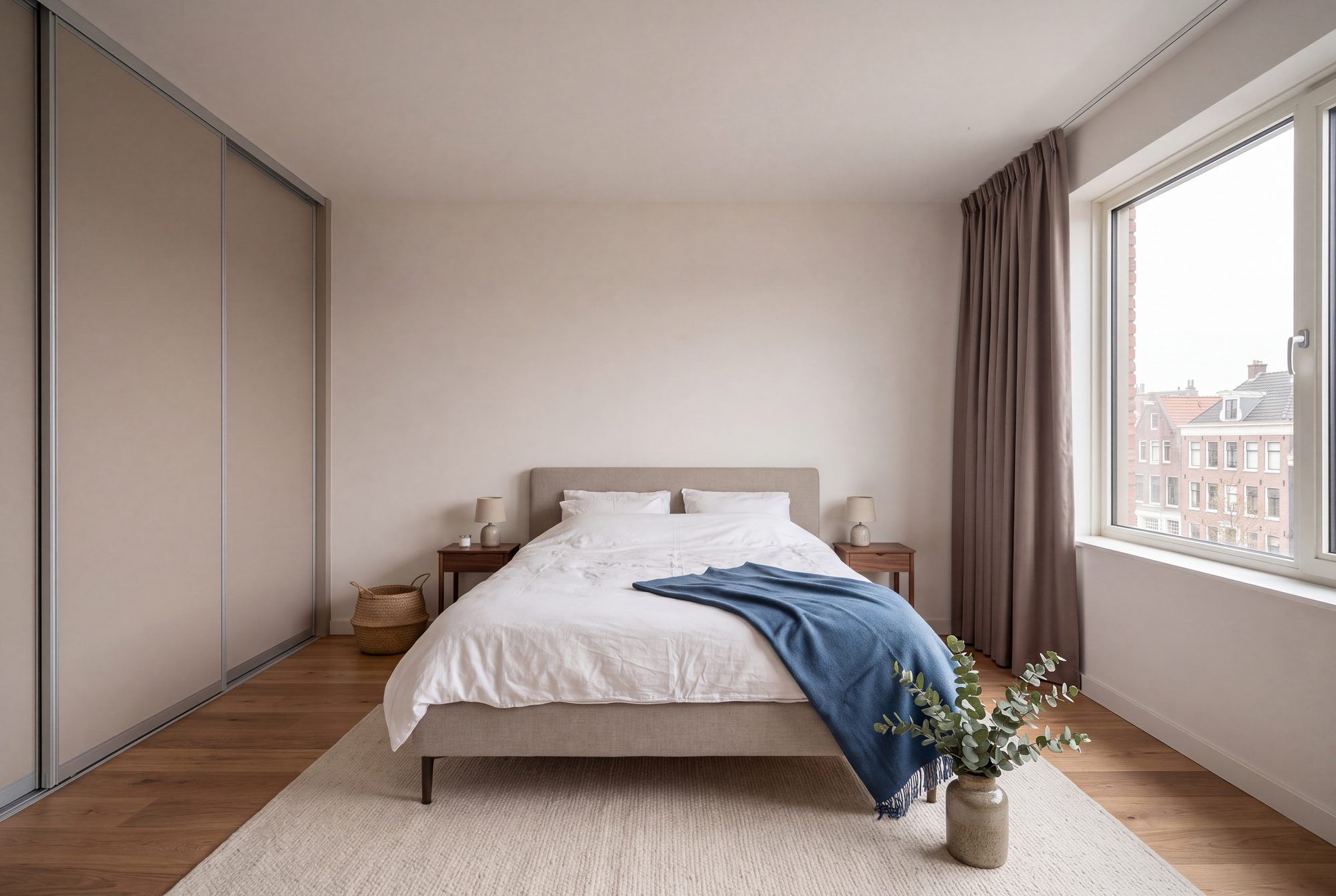 Tweede slaapkameropstelling met bed, nachtkasten en een sobere wandindeling.