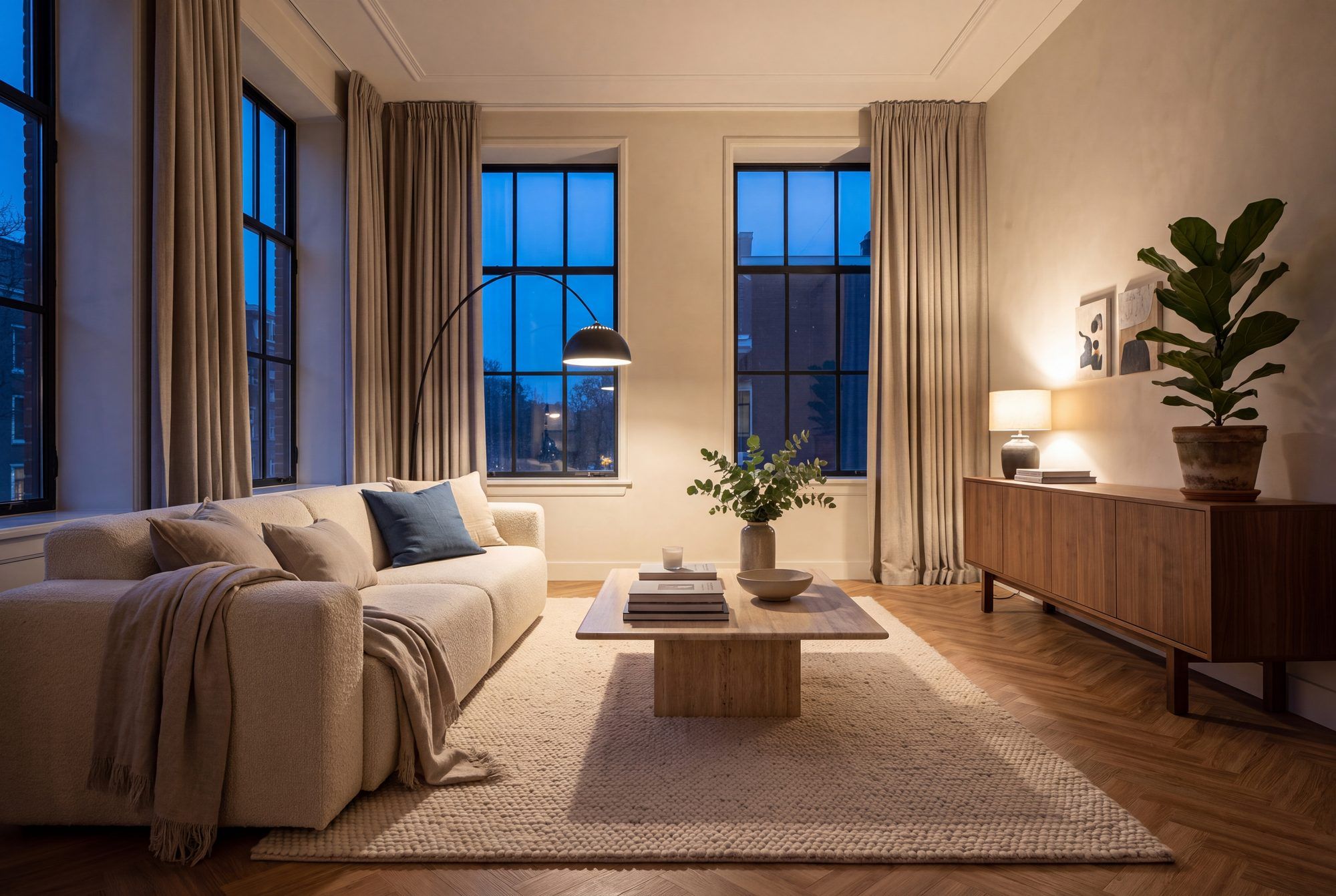 Dezelfde woonkamer bij avond, verlicht door een vloerlamp en indirecte verlichting langs de wand.