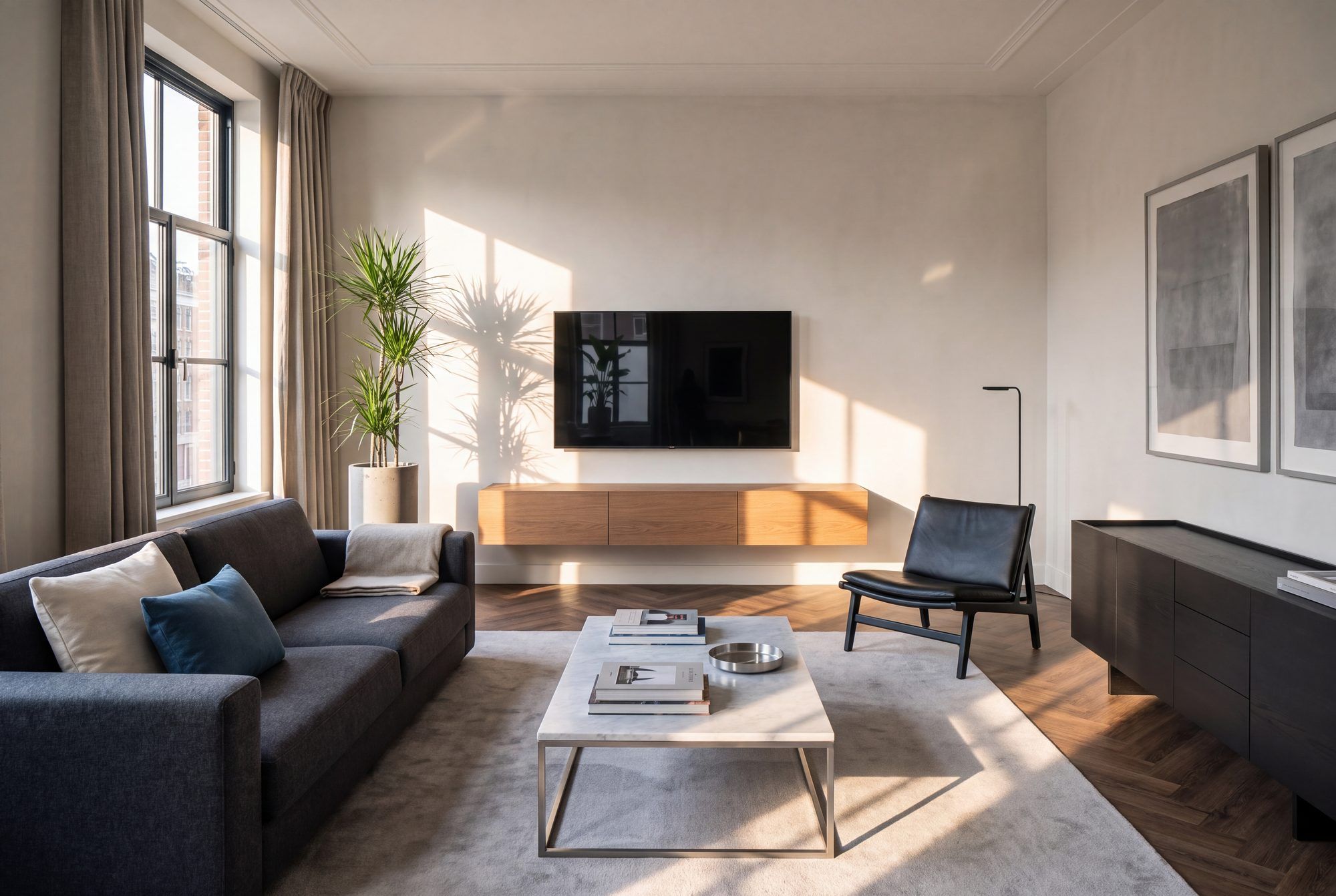 Zwevend tv-meubel in eiken houtlook, 2400 mm breed, tegen een lichte wand.