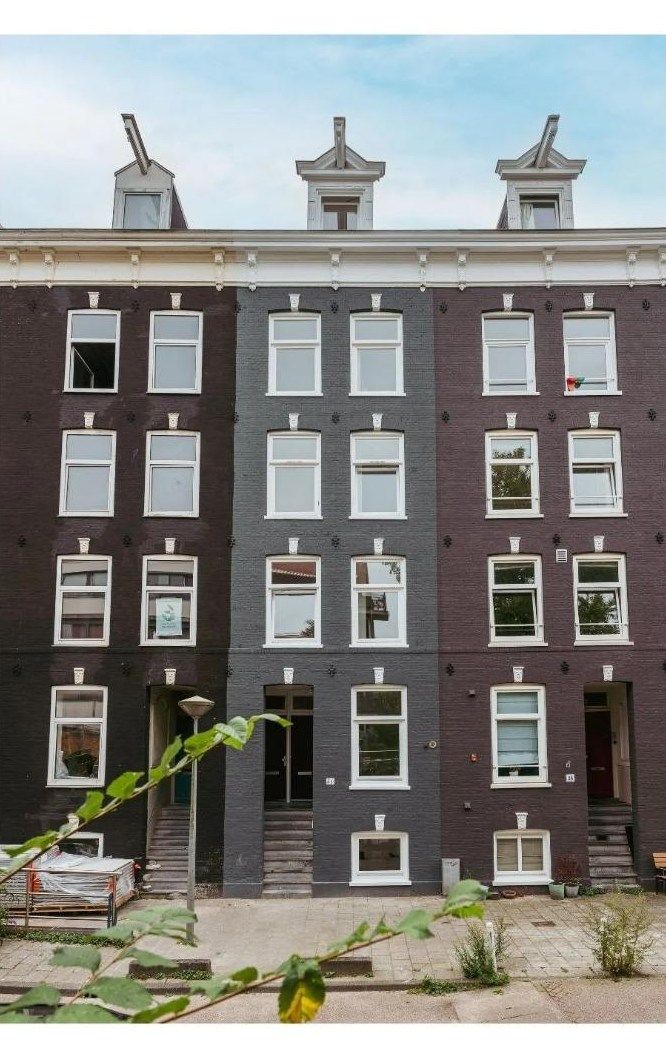 Gerenoveerde Amsterdamse herenhuisgevels met witte kozijnen.