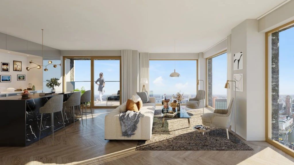 Appartement met open keuken en uitzicht over de stad, in een woontoren met 429 woningen in Rotterdam. Sanitair voor alle badkamers geleverd als één concept.